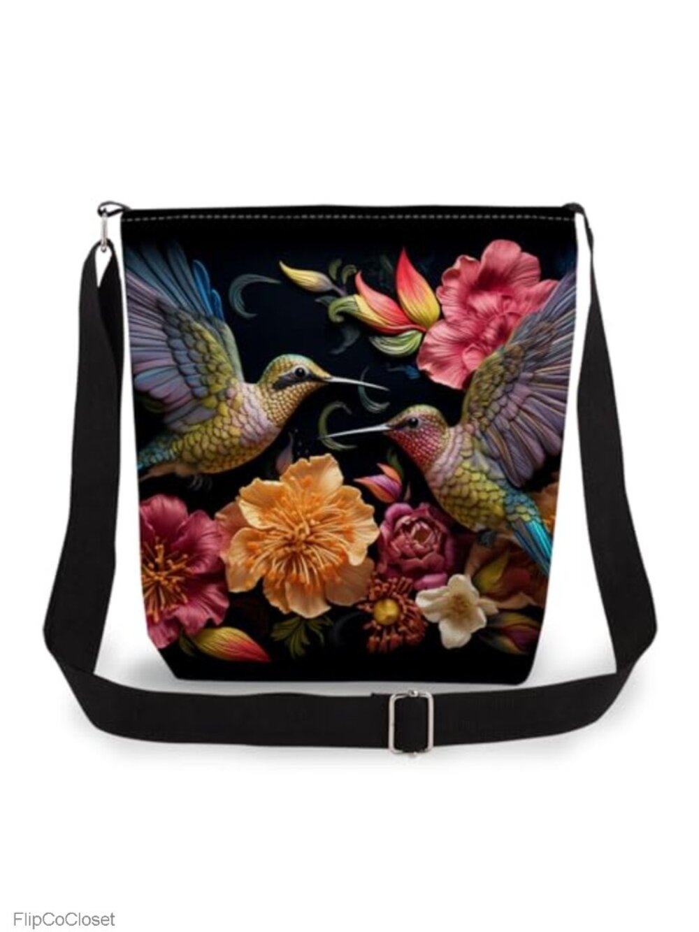 Floral Hummingbird Crossbody Bag Adjustable Strap Canvas Polyester
